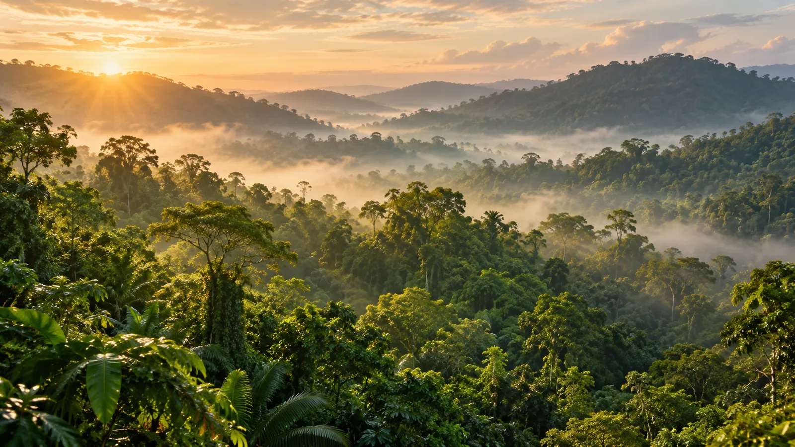 Illustrative scene of a misty Borneo rainforest at sunrise